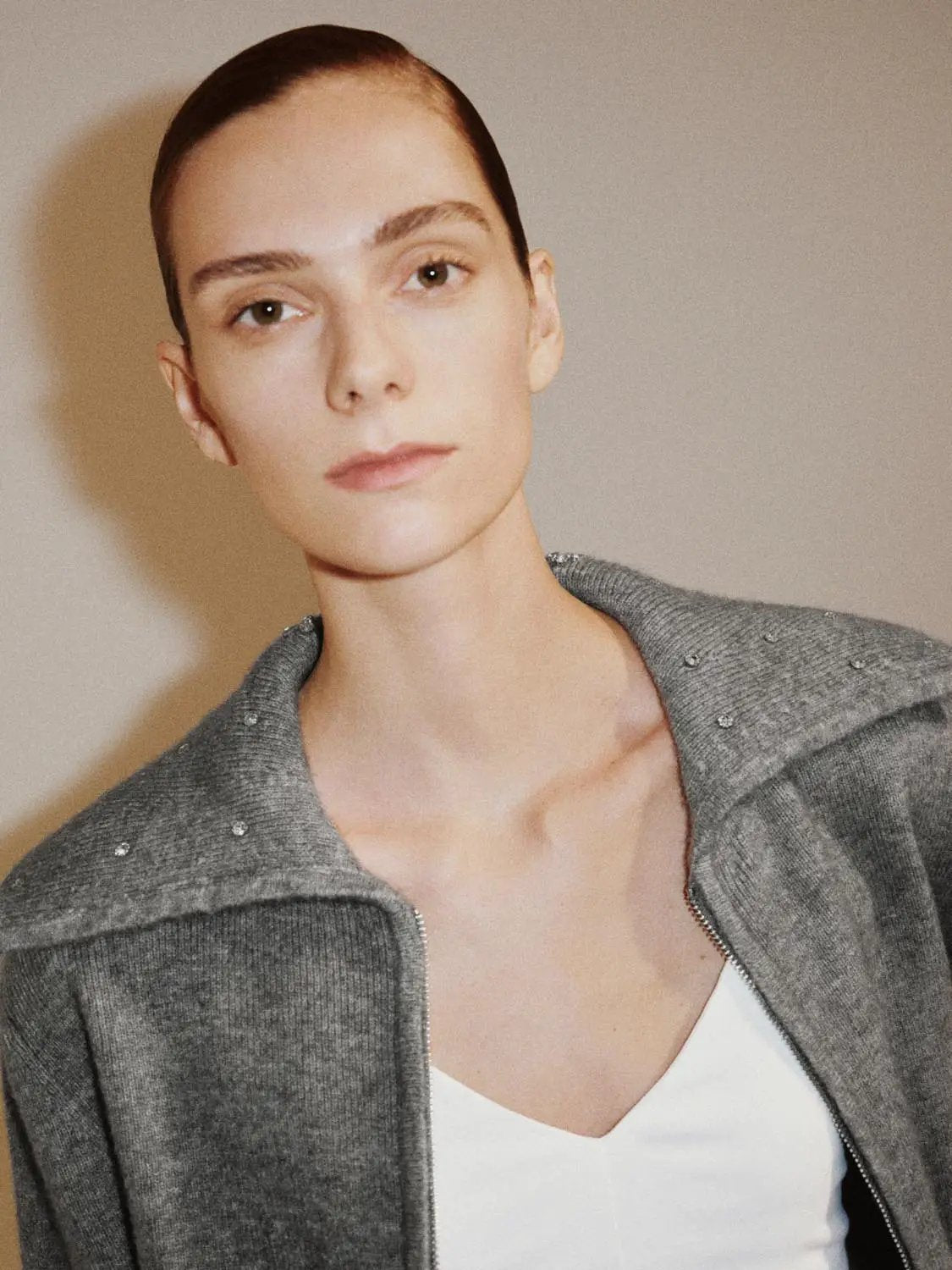 Ribbed Knit Zip Embellished Collar Long Sleeve Jacket
