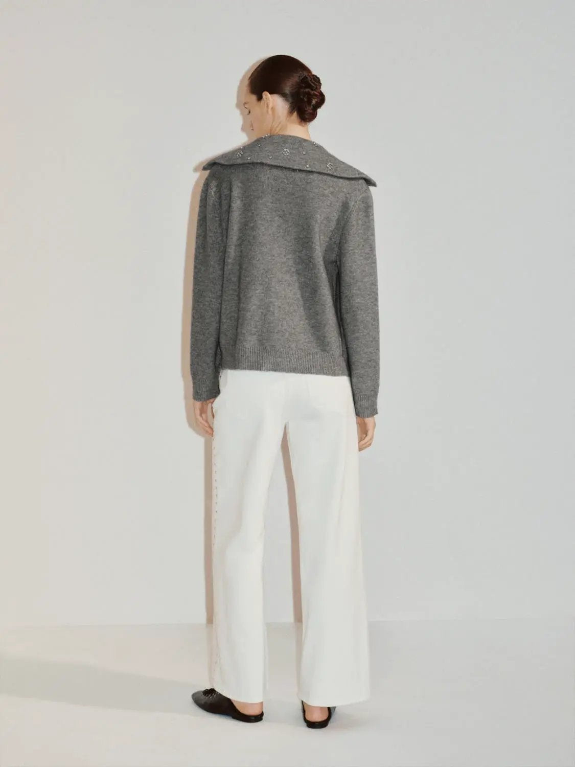 Ribbed Knit Zip Embellished Collar Long Sleeve Jacket