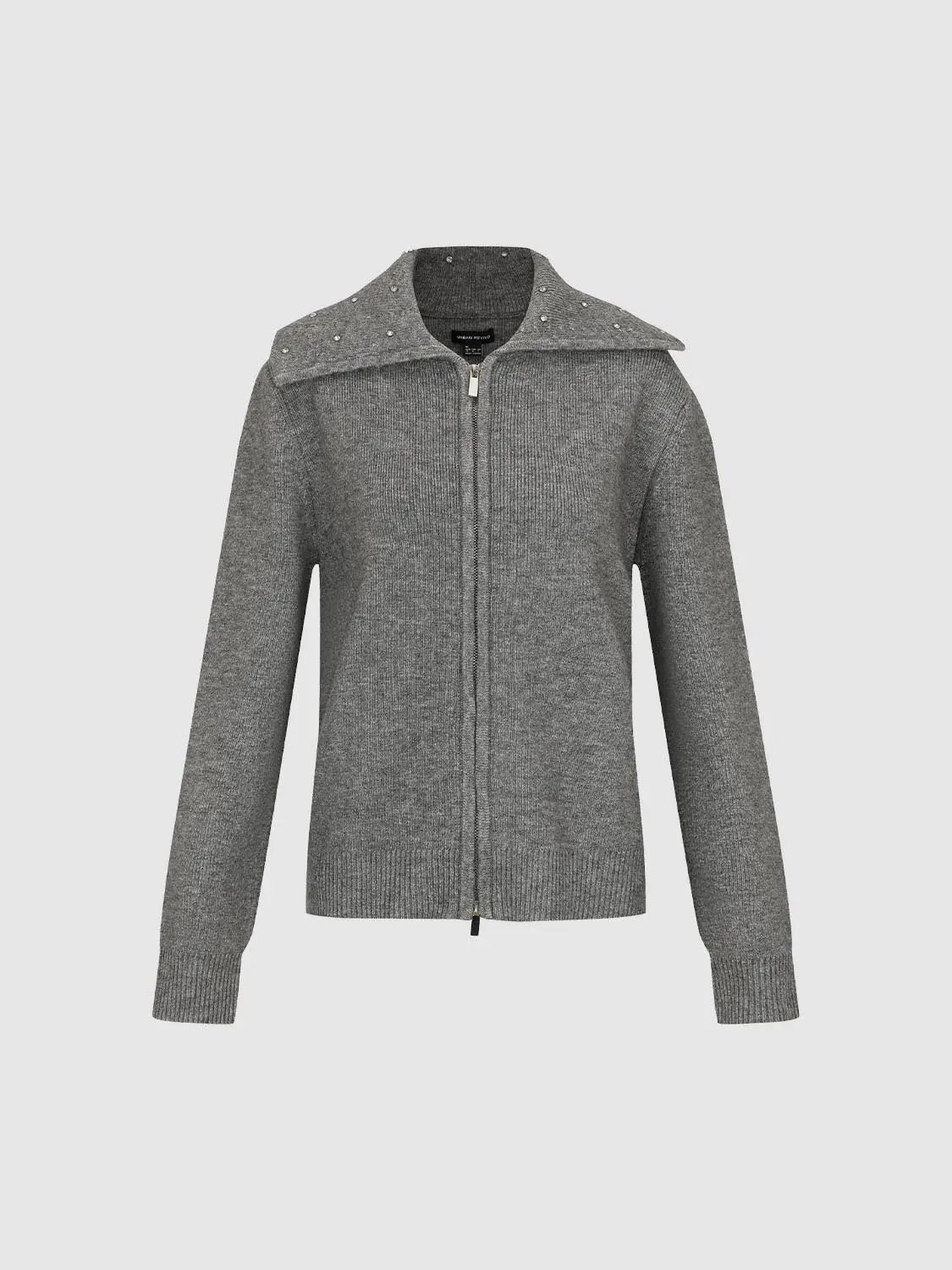 Ribbed Knit Zip Embellished Collar Long Sleeve Jacket