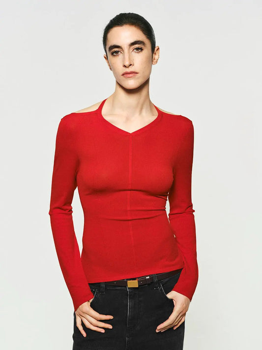Solid Fitted Long Sleeve V-Neck Knit T-Shirt