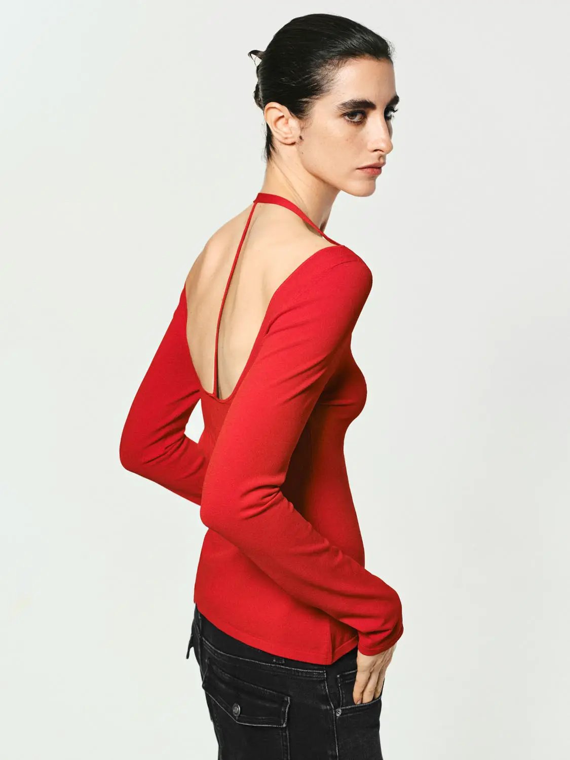 Solid Fitted Long Sleeve V-Neck Knit T-Shirt
