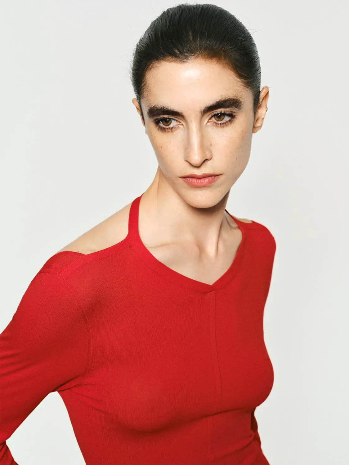 Solid Fitted Long Sleeve V-Neck Knit T-Shirt