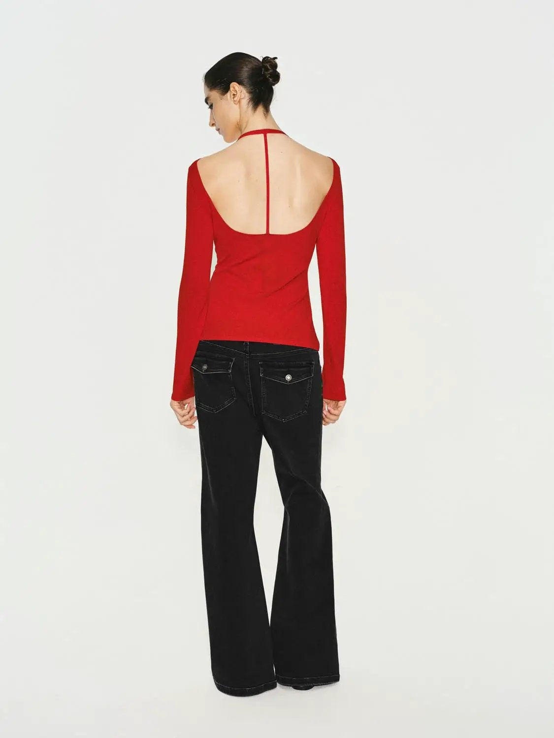 Solid Fitted Long Sleeve V-Neck Knit T-Shirt