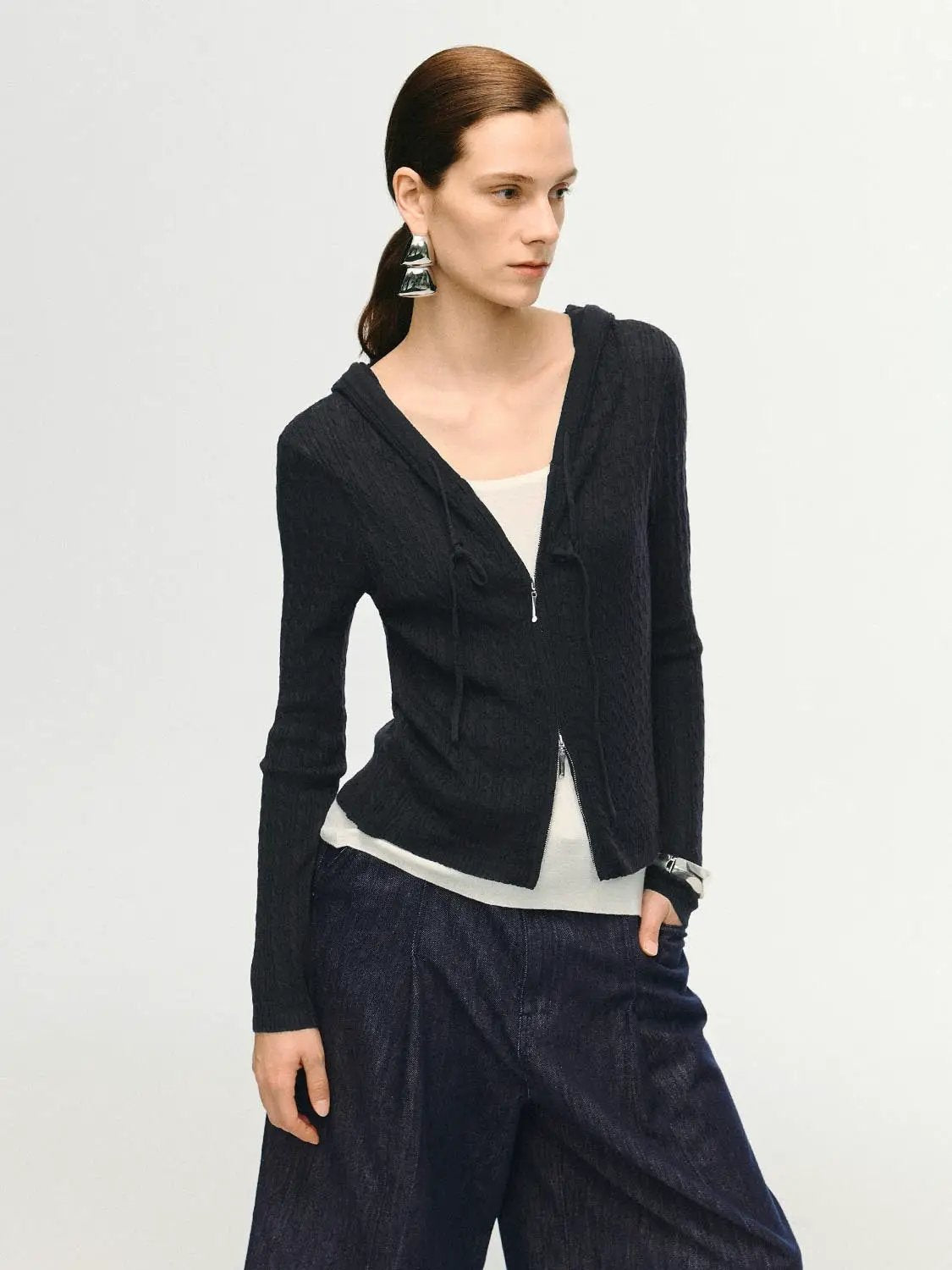 Textured Knit Zip Front Long Sleeve Hooded Jacket
