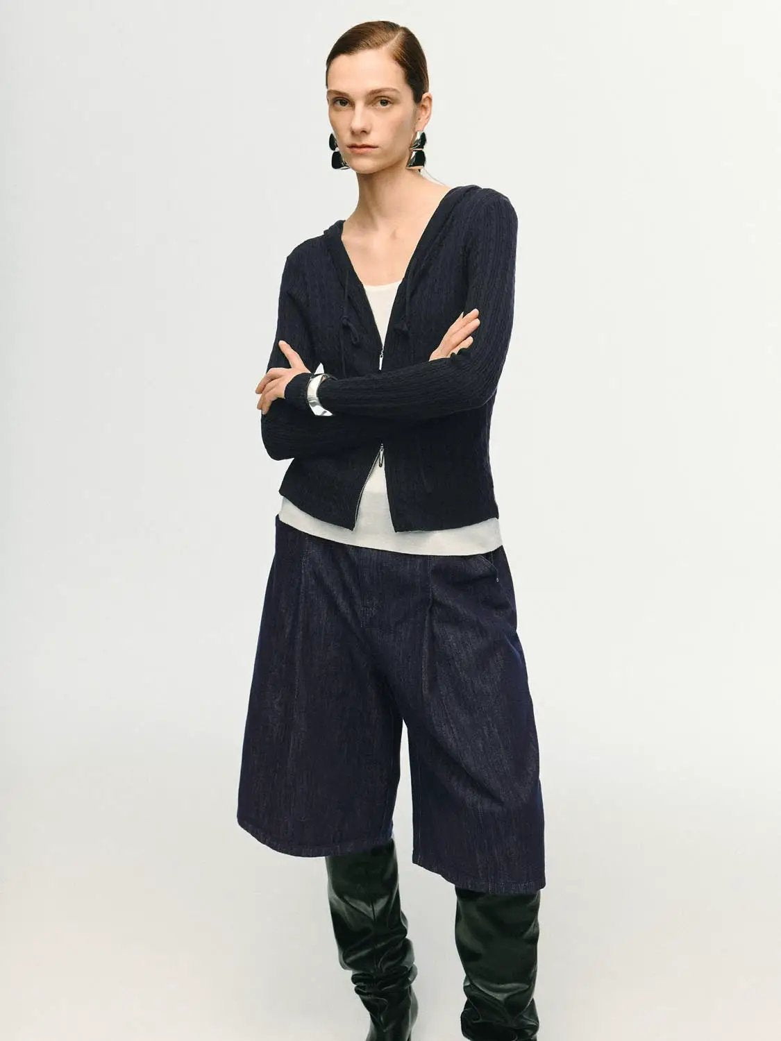 Textured Knit Zip Front Long Sleeve Hooded Jacket
