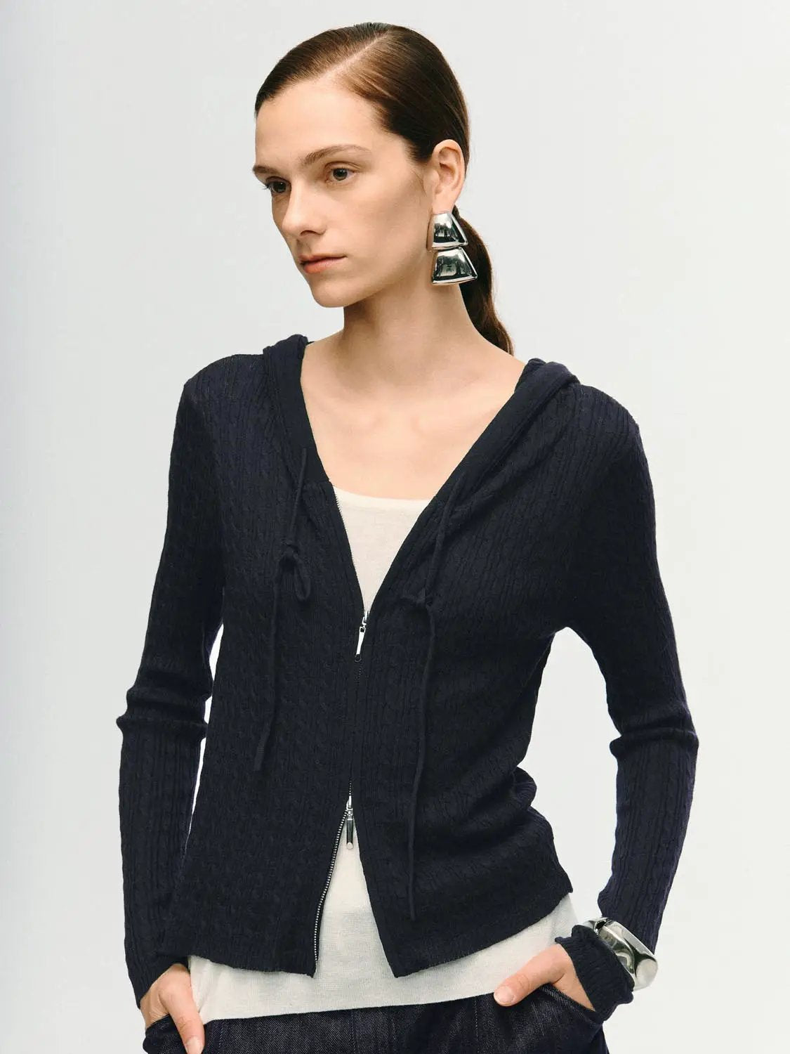 Textured Knit Zip Front Long Sleeve Hooded Jacket