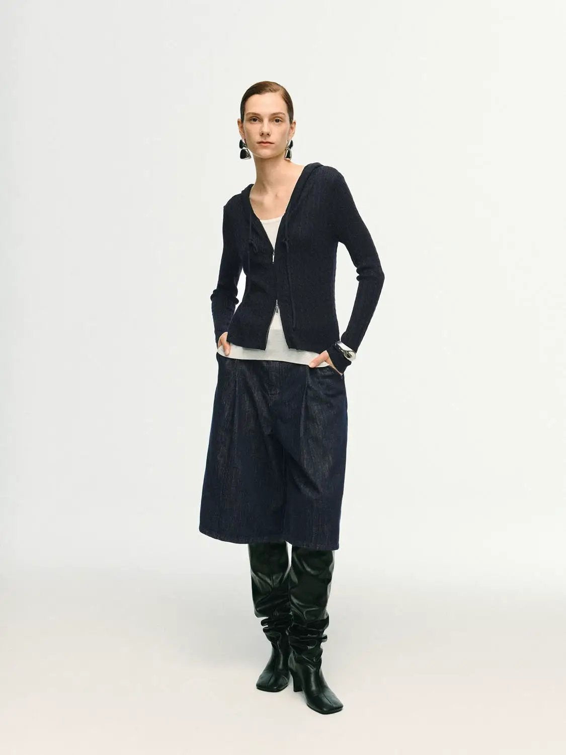 Textured Knit Zip Front Long Sleeve Hooded Jacket
