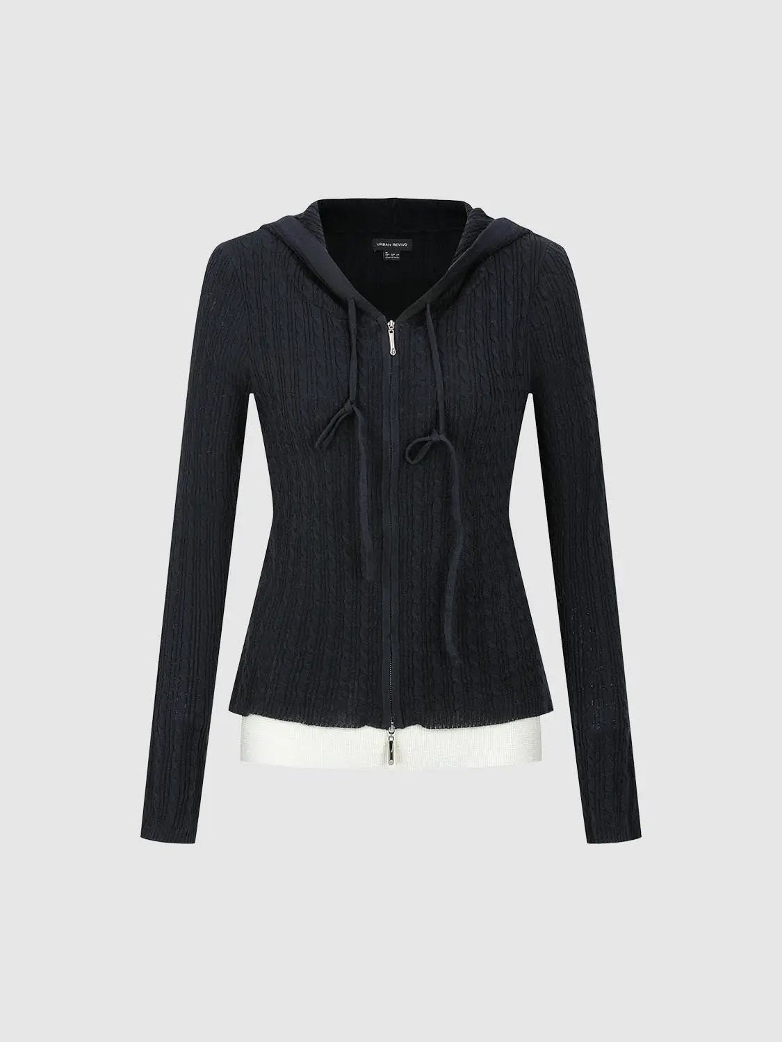 Textured Knit Zip Front Long Sleeve Hooded Jacket