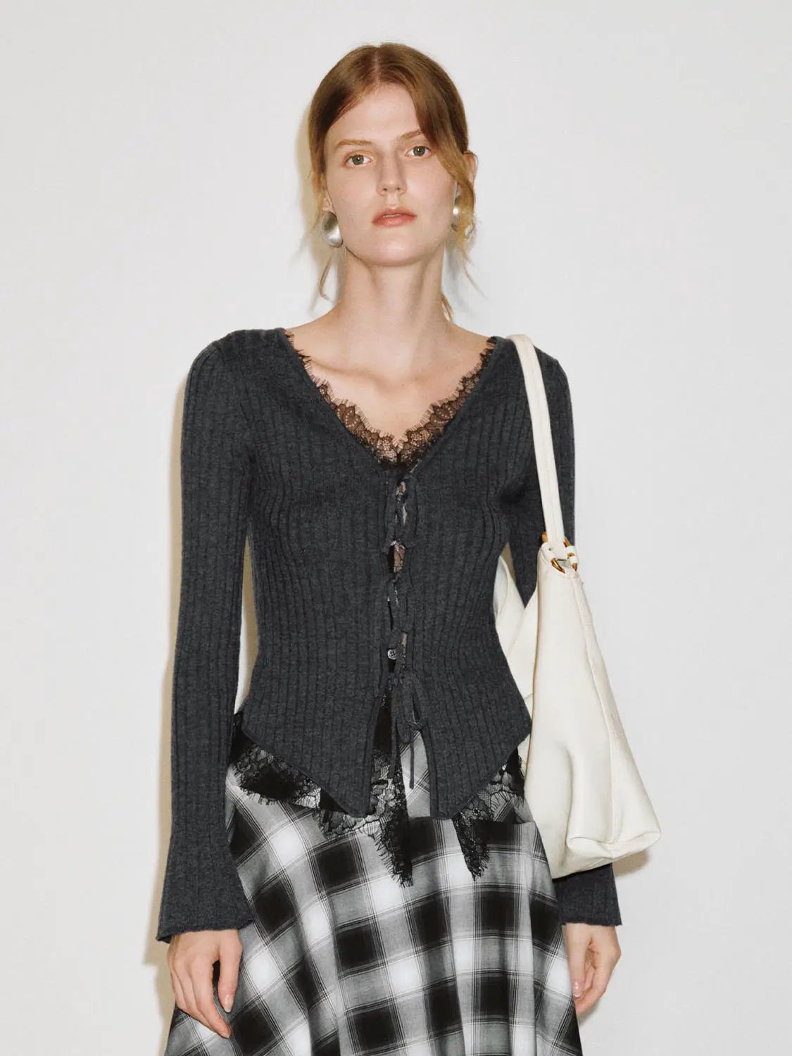 Ribbed Knit Lace Trim Cardigan