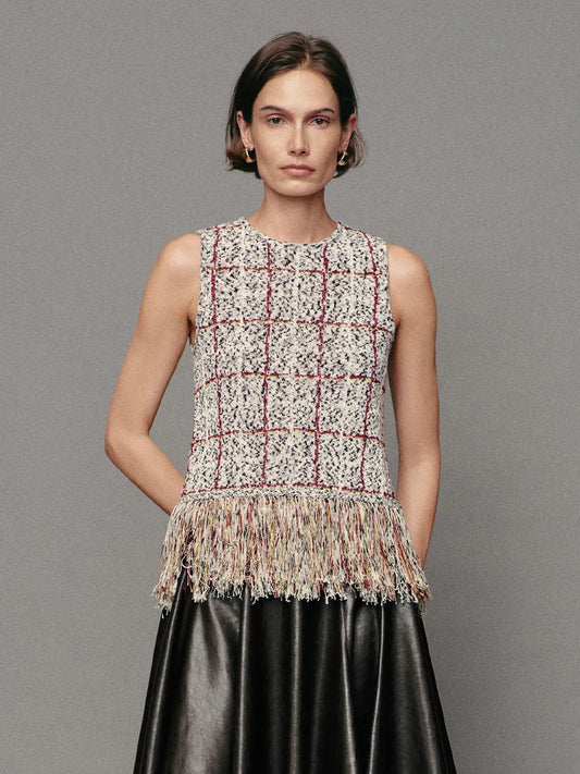 Checked Fringe Hem Crew Neck Sleeveless Knit Top