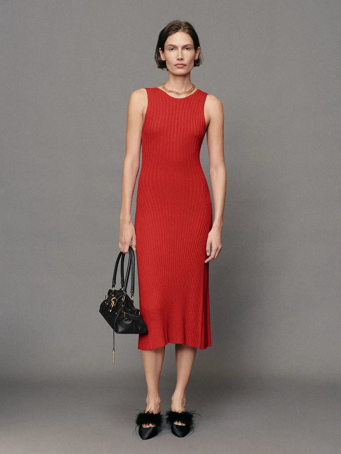 Fitted Ribbed Round Neck Sleeveless Maxi Knit Dress