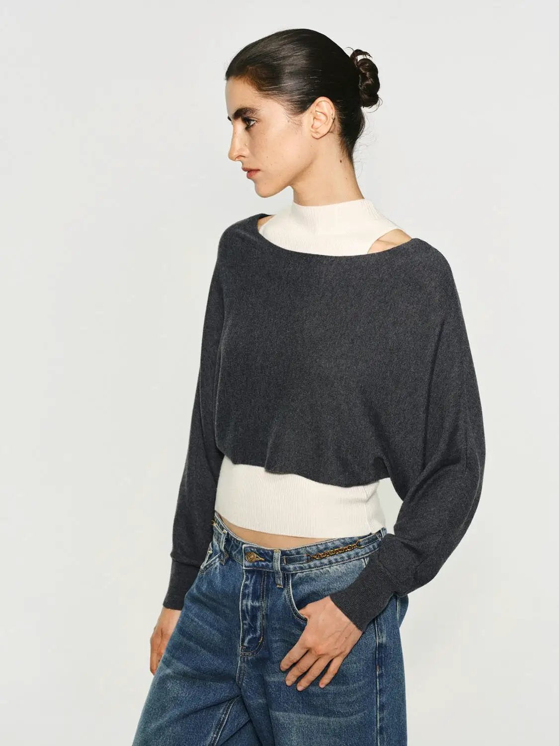 Layered Cropped Ribbed Mock Neck Long Sleeve Knit Top