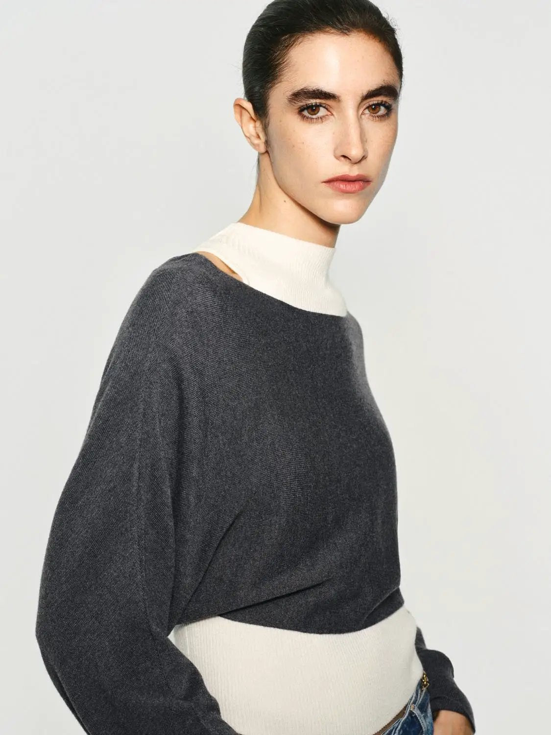 Layered Cropped Ribbed Mock Neck Long Sleeve Knit Top