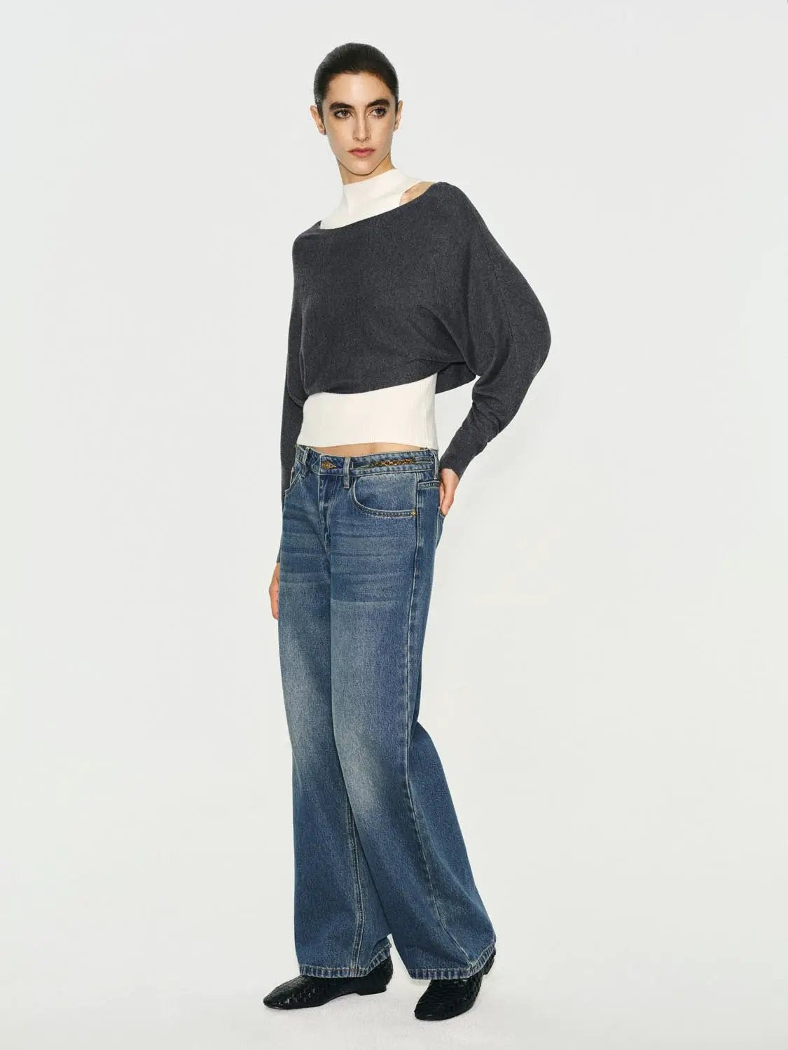 Layered Cropped Ribbed Mock Neck Long Sleeve Knit Top