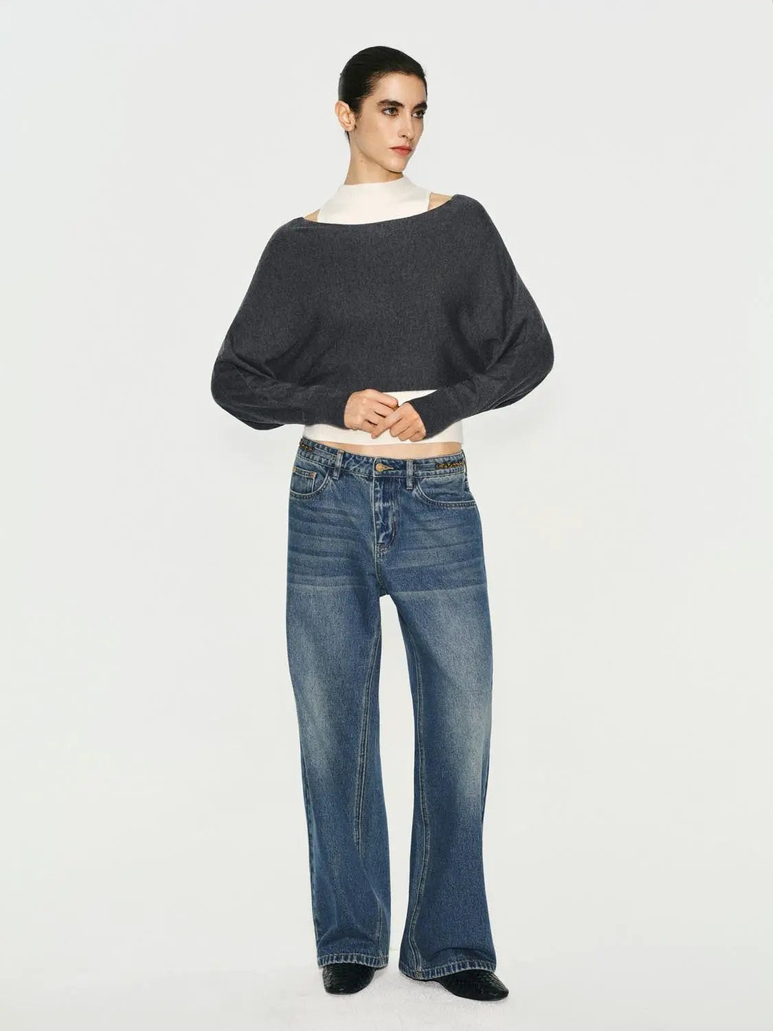 Layered Cropped Ribbed Mock Neck Long Sleeve Knit Top