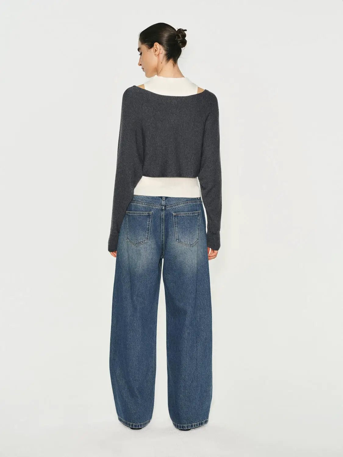 Layered Cropped Ribbed Mock Neck Long Sleeve Knit Top