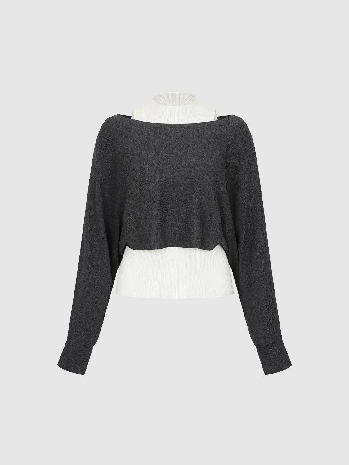 Layered Cropped Ribbed Mock Neck Long Sleeve Knit Top