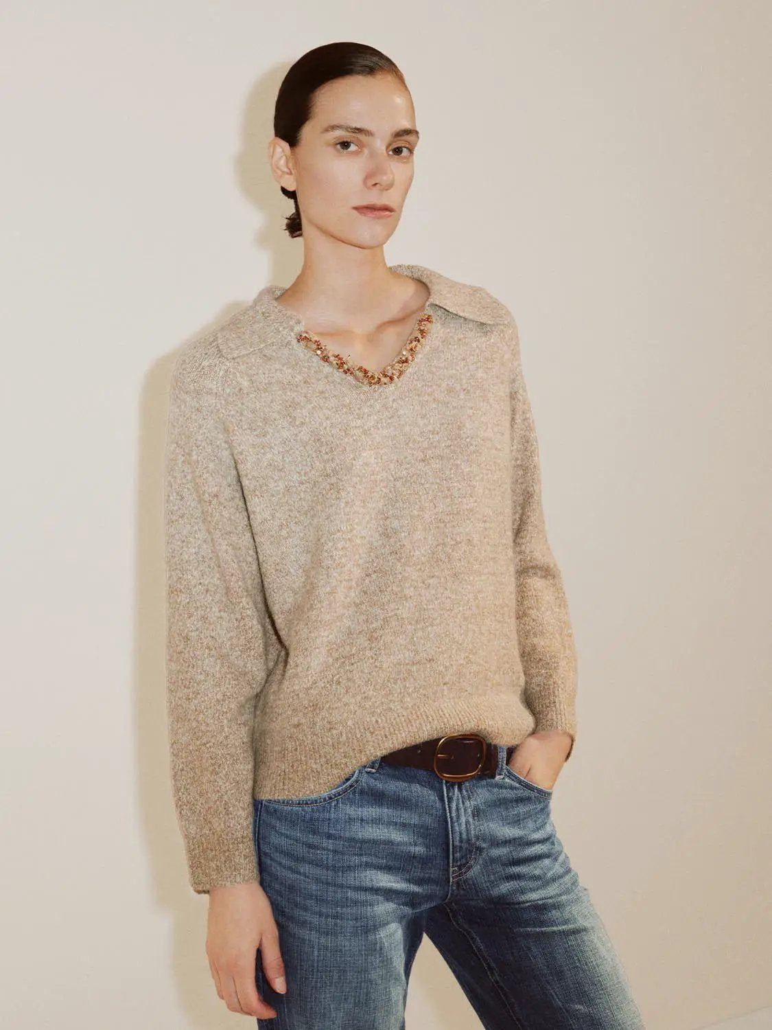 Textured Shirt Collar V-neck Long Sleeve Sweater