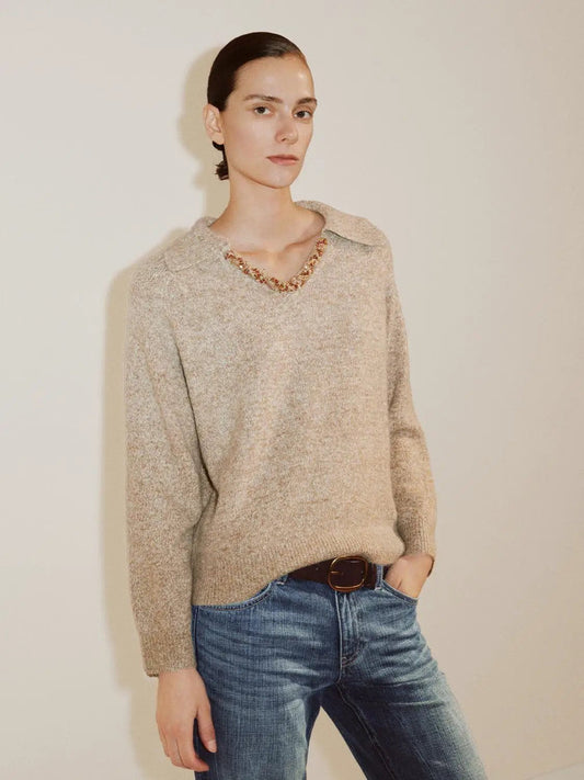 Textured Shirt Collar V-neck Long Sleeve Sweater