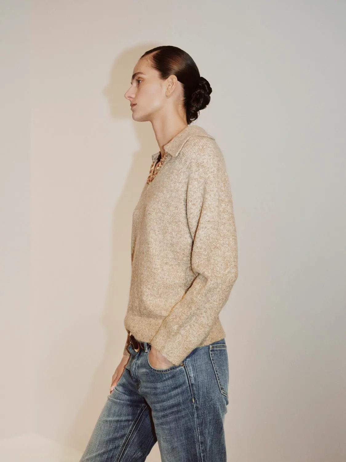 Textured Shirt Collar V-neck Long Sleeve Sweater
