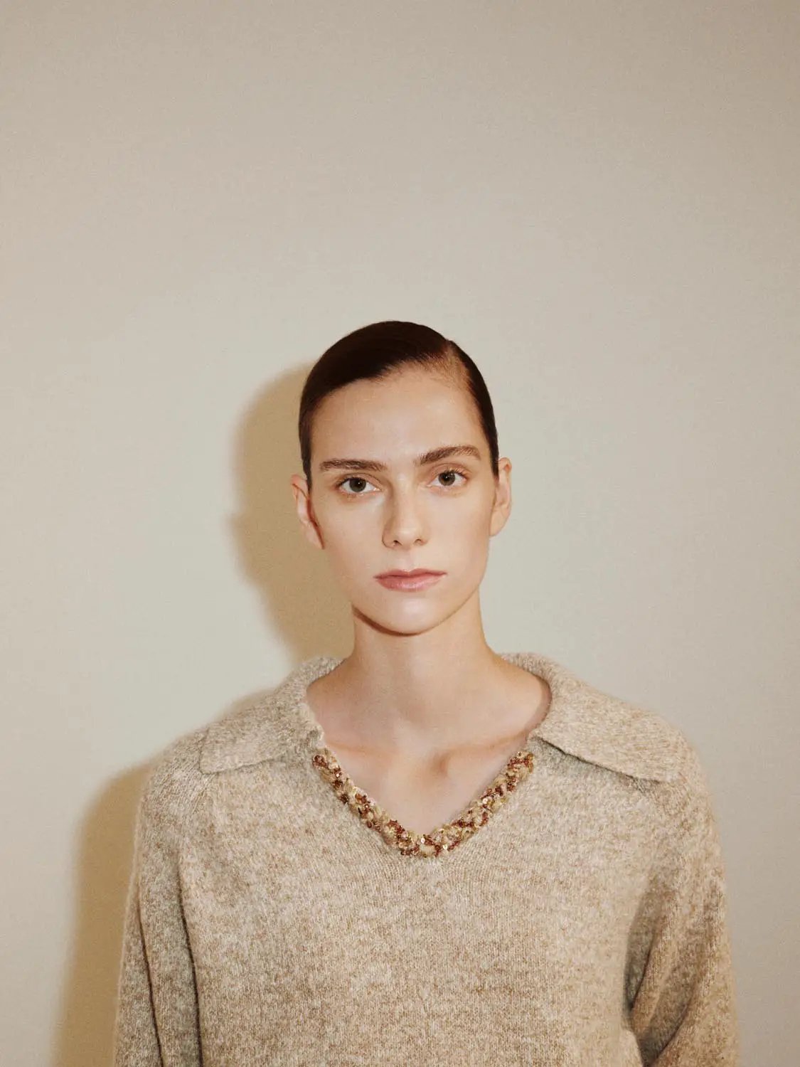 Textured Shirt Collar V-neck Long Sleeve Sweater