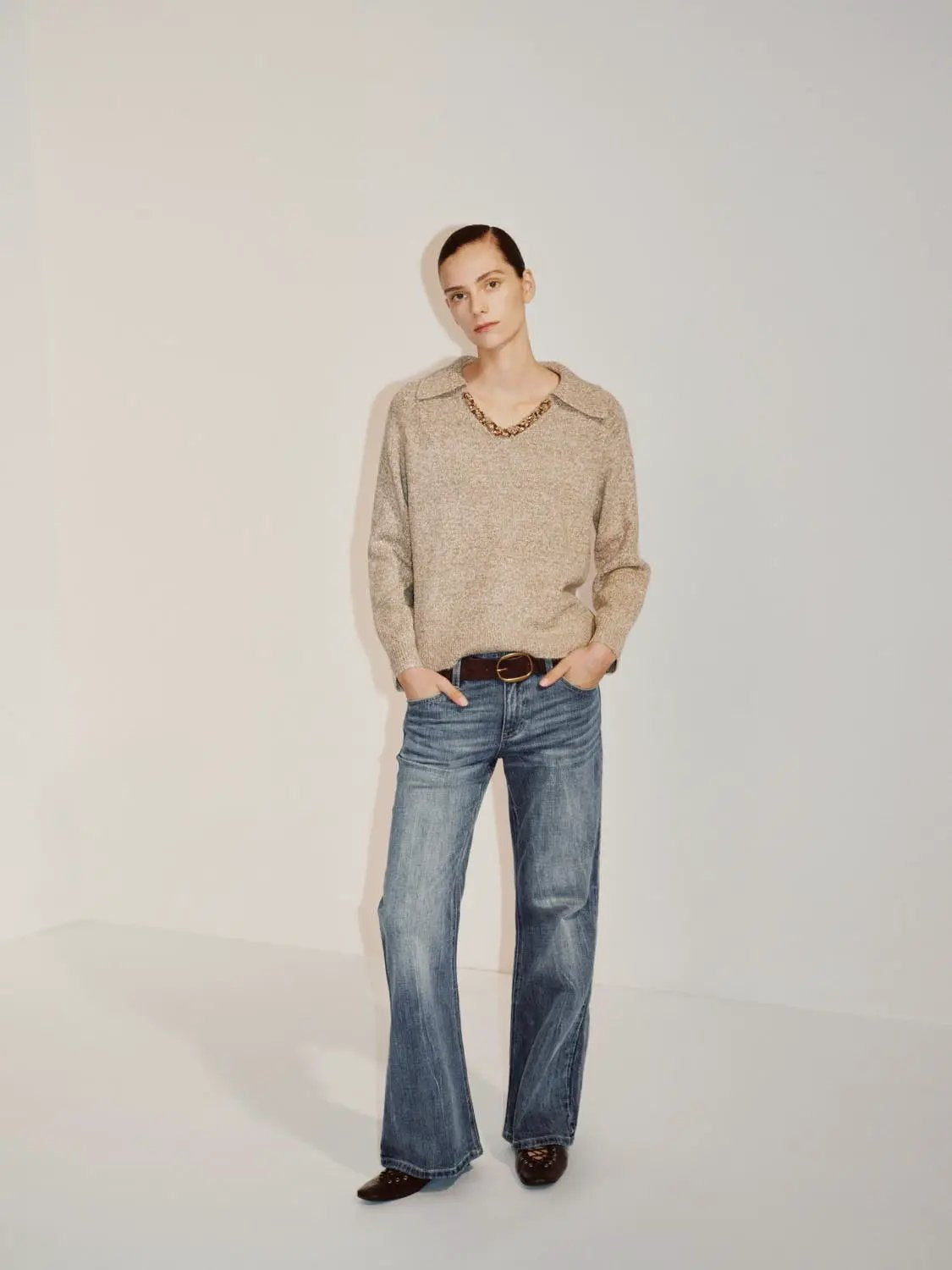 Textured Shirt Collar V-neck Long Sleeve Sweater