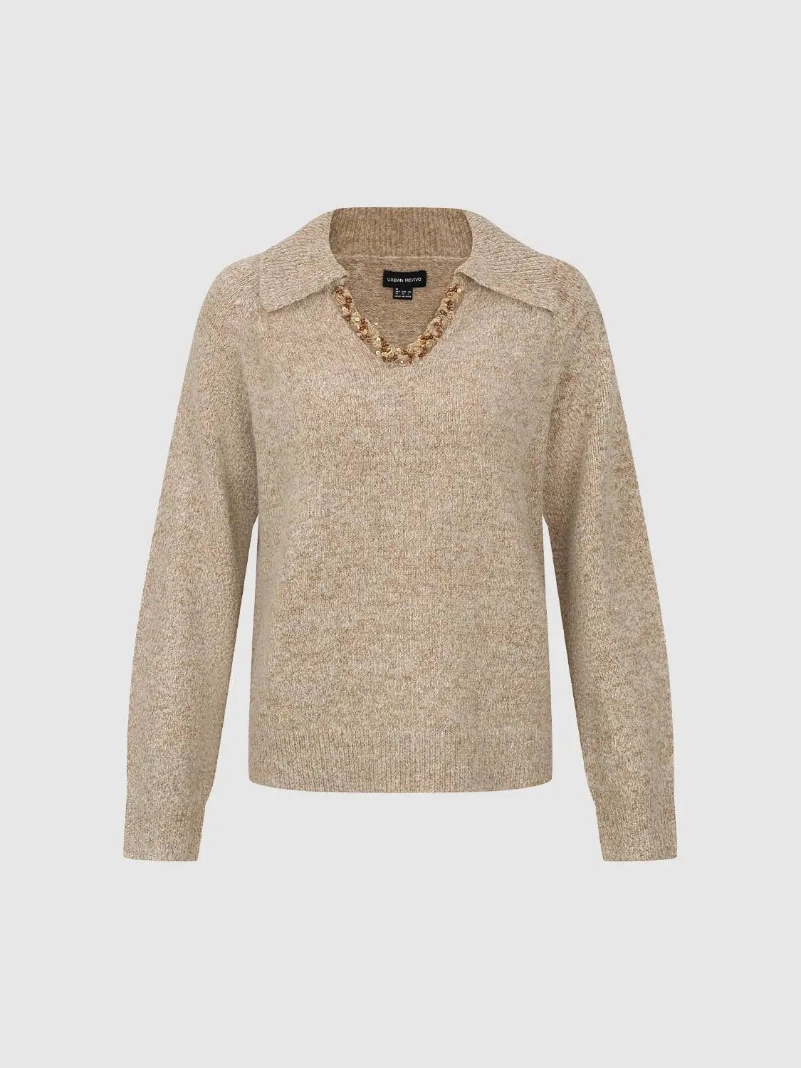 Textured Shirt Collar V-neck Long Sleeve Sweater