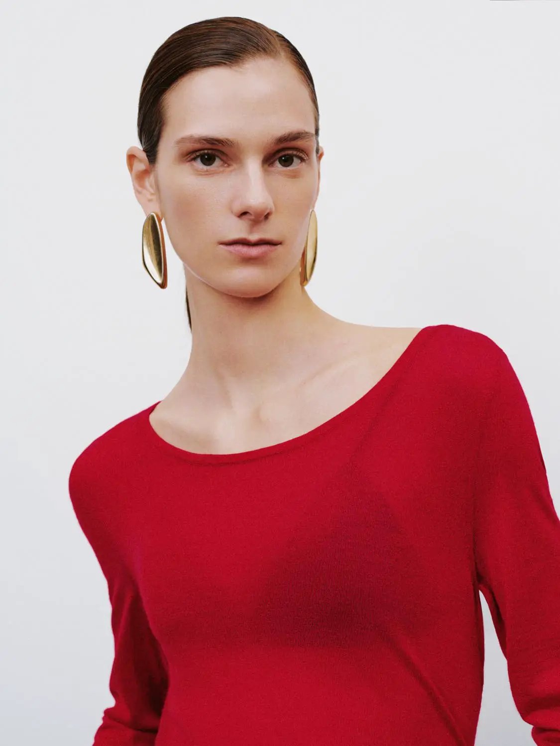 Plain Thin Red Knit Fitted Crew Neck Long Sleeve T-Shirt