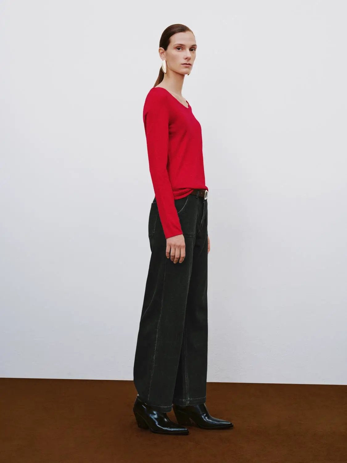 Plain Thin Red Knit Fitted Crew Neck Long Sleeve T-Shirt