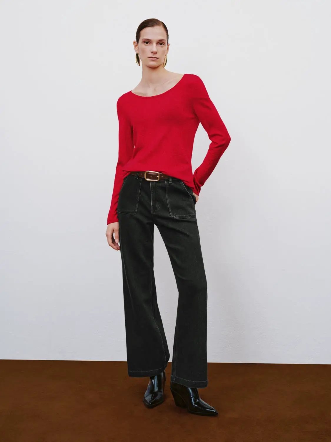 Plain Thin Red Knit Fitted Crew Neck Long Sleeve T-Shirt