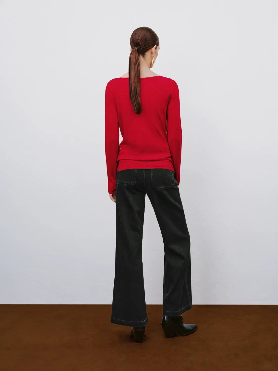 Plain Thin Red Knit Fitted Crew Neck Long Sleeve T-Shirt