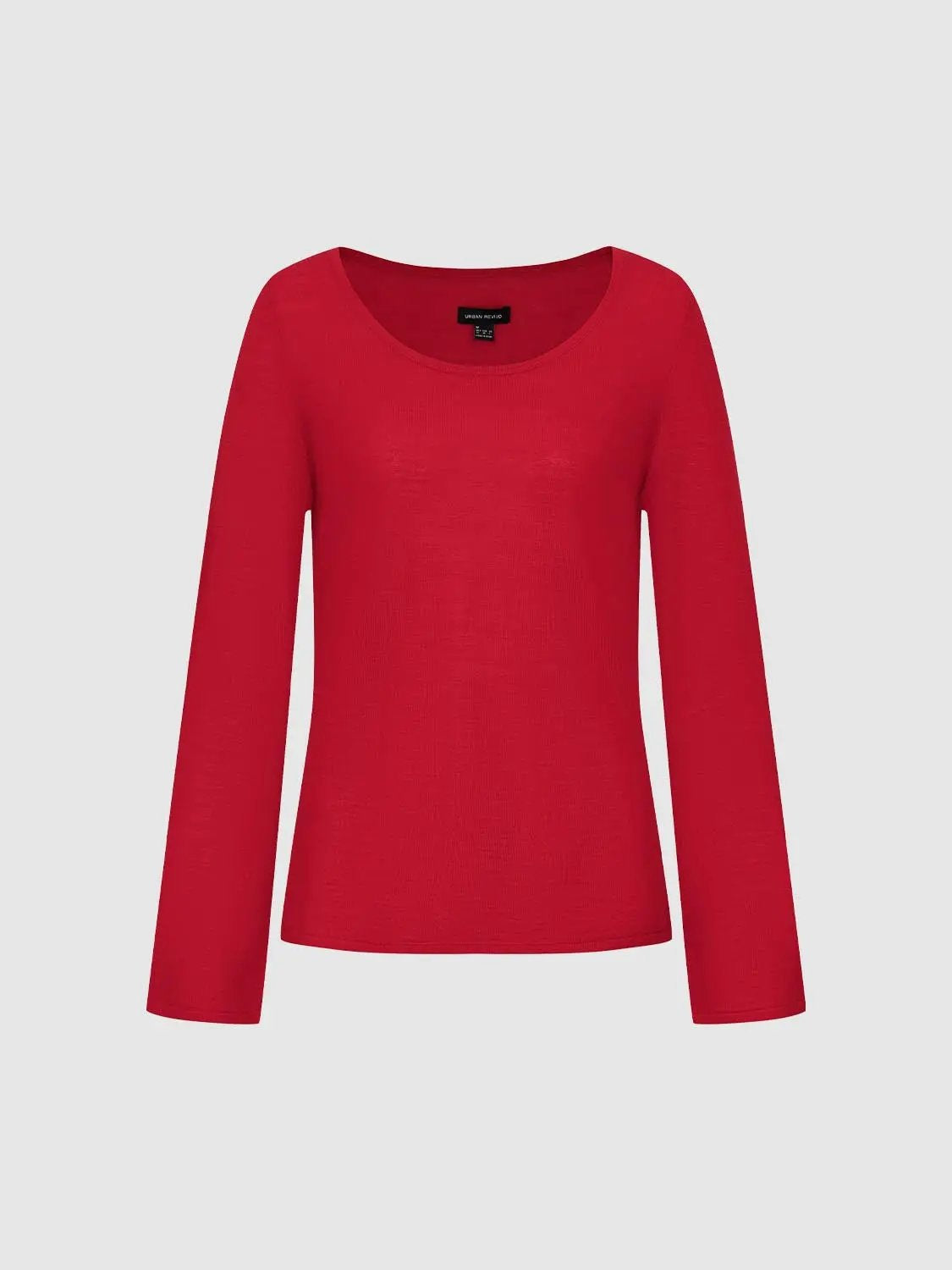 Plain Thin Red Knit Fitted Crew Neck Long Sleeve T-Shirt