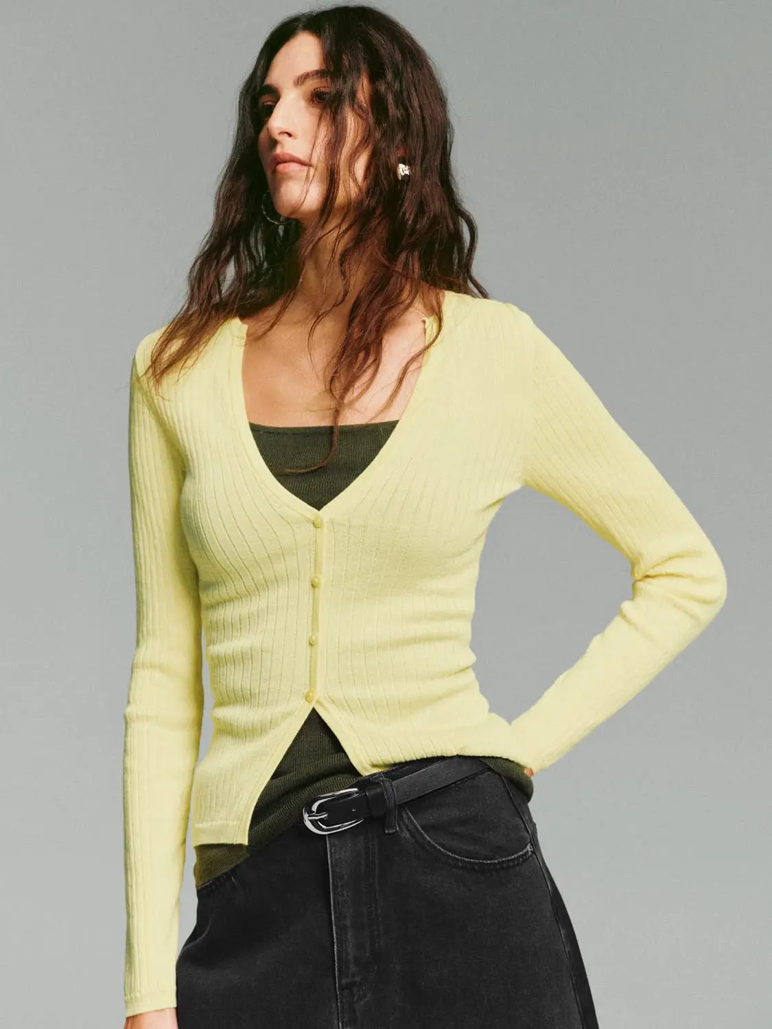 Ribbed Button Front V-neck Long Sleeve Cardigan