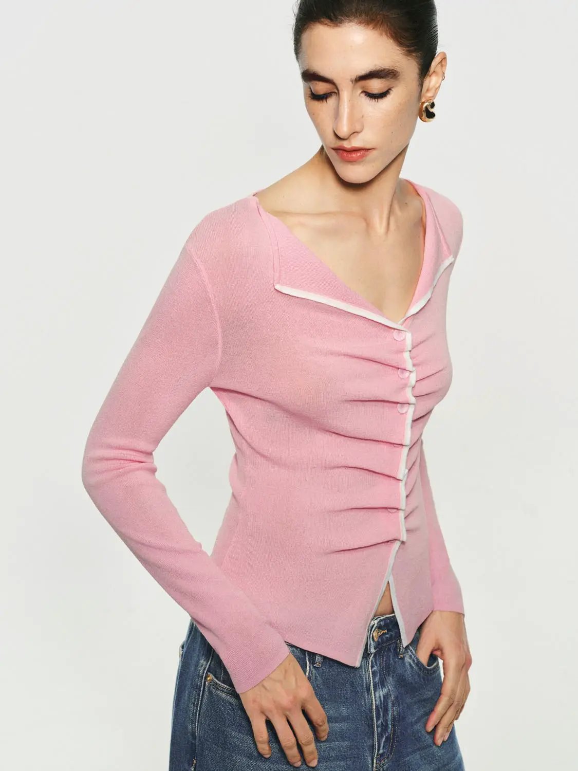 Pink Ribbed Long Sleeve Fitted Knit Sweater