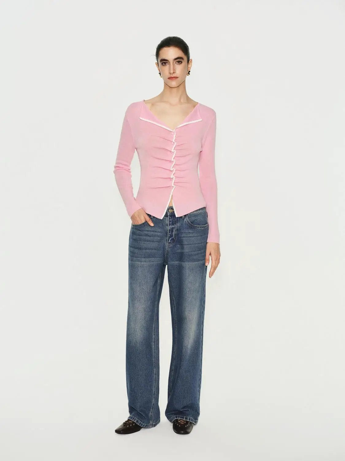 Pink Ribbed Long Sleeve Fitted Knit Sweater