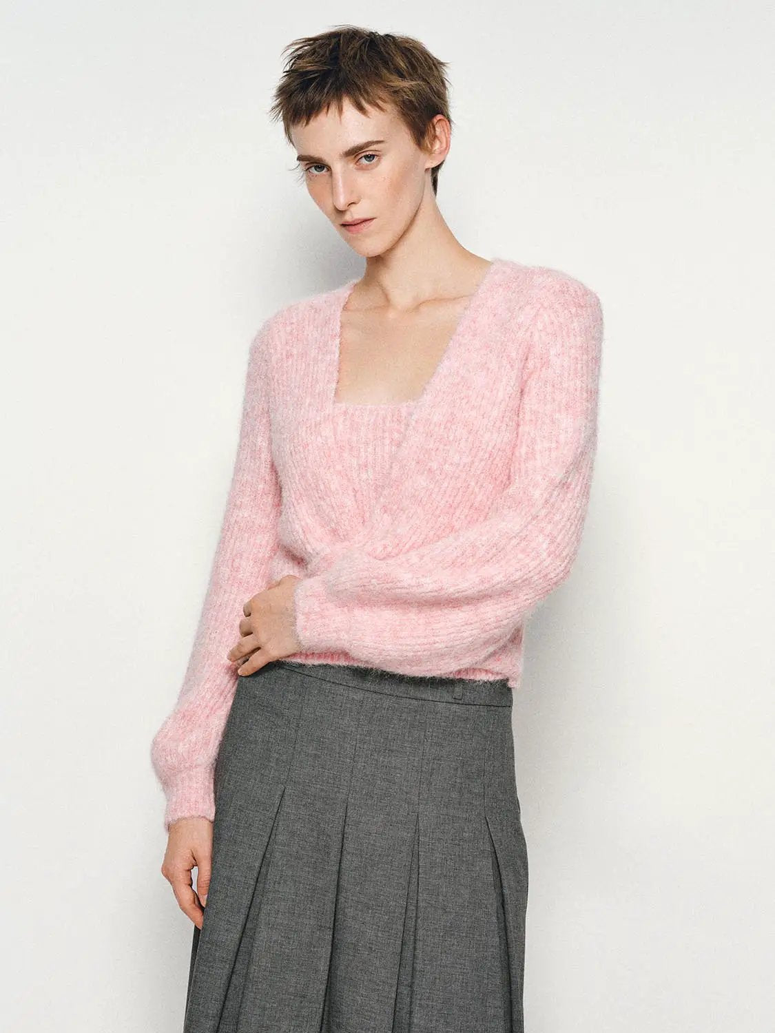 Textured Twisted Square Neck Long Sleeve Knit Top