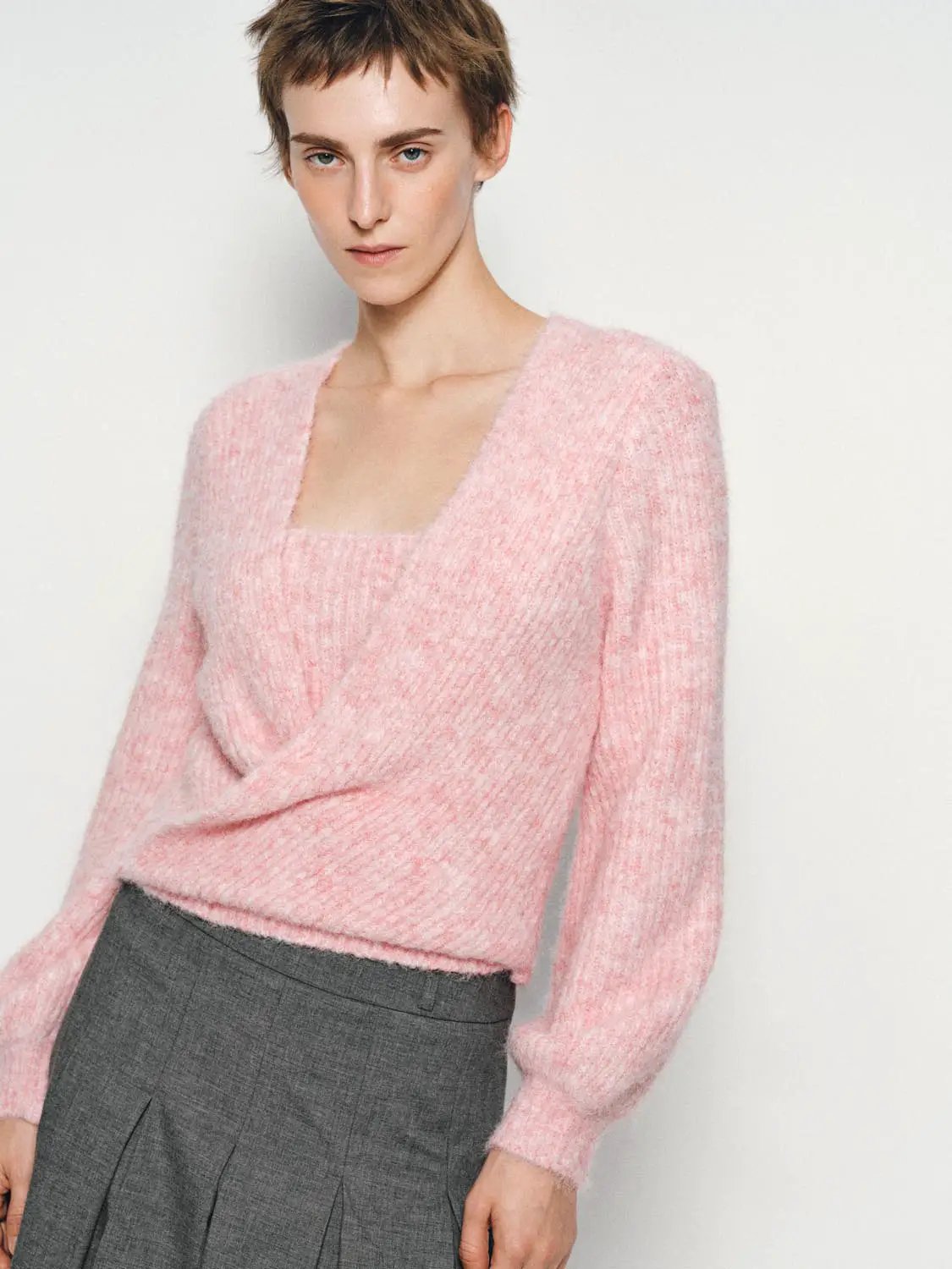 Textured Twisted Square Neck Long Sleeve Knit Top