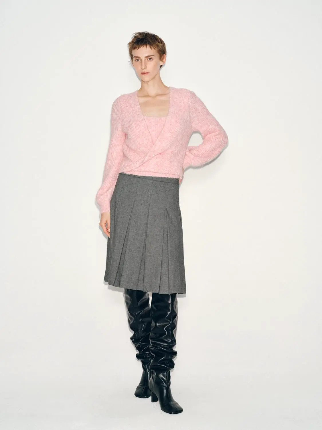 Textured Twisted Square Neck Long Sleeve Knit Top