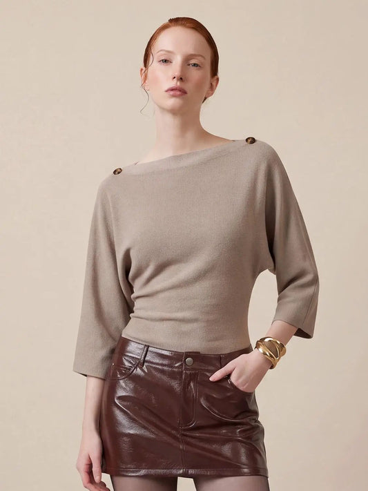 Shoulder Button Fitted Boat Neck Long Sleeve Knit T-Shirt