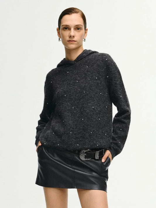 Heathered Ribbed Knit Polka Dot Long Sleeve Hoodie