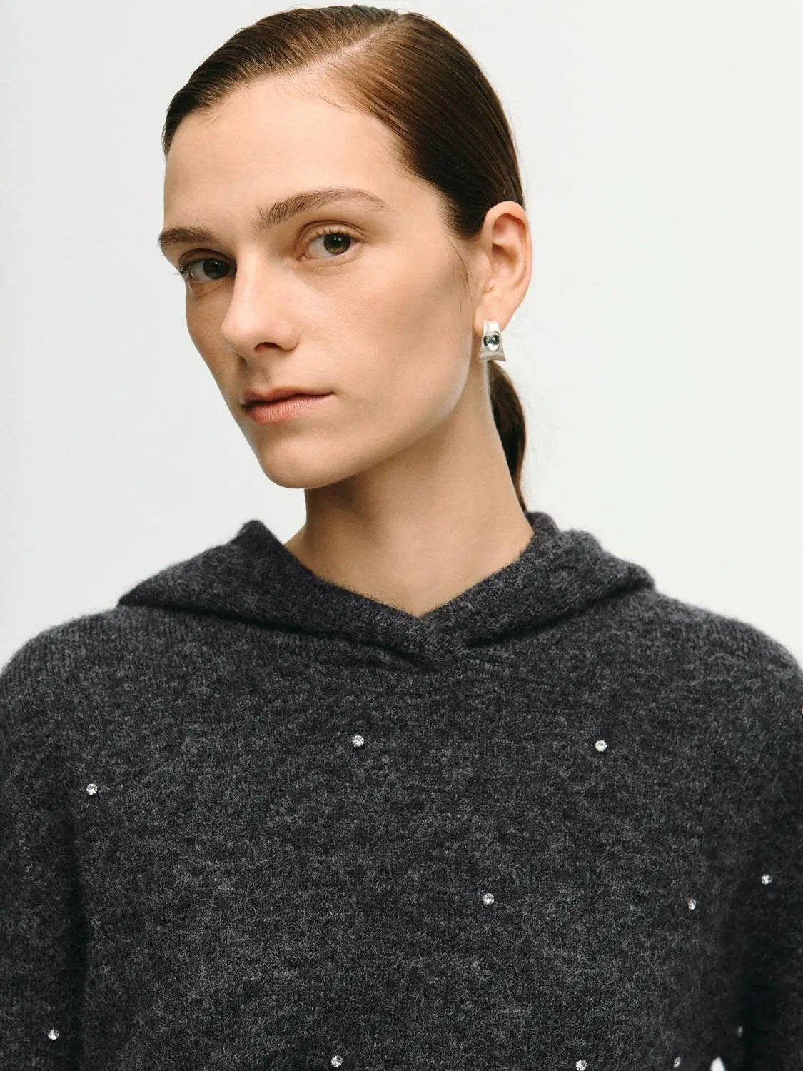 Heathered Ribbed Knit Polka Dot Long Sleeve Hoodie