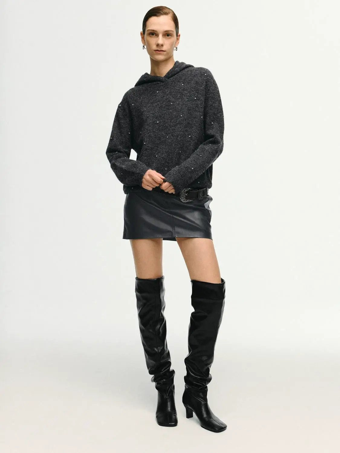 Heathered Ribbed Knit Polka Dot Long Sleeve Hoodie