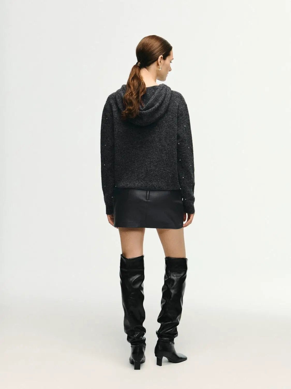 Heathered Ribbed Knit Polka Dot Long Sleeve Hoodie