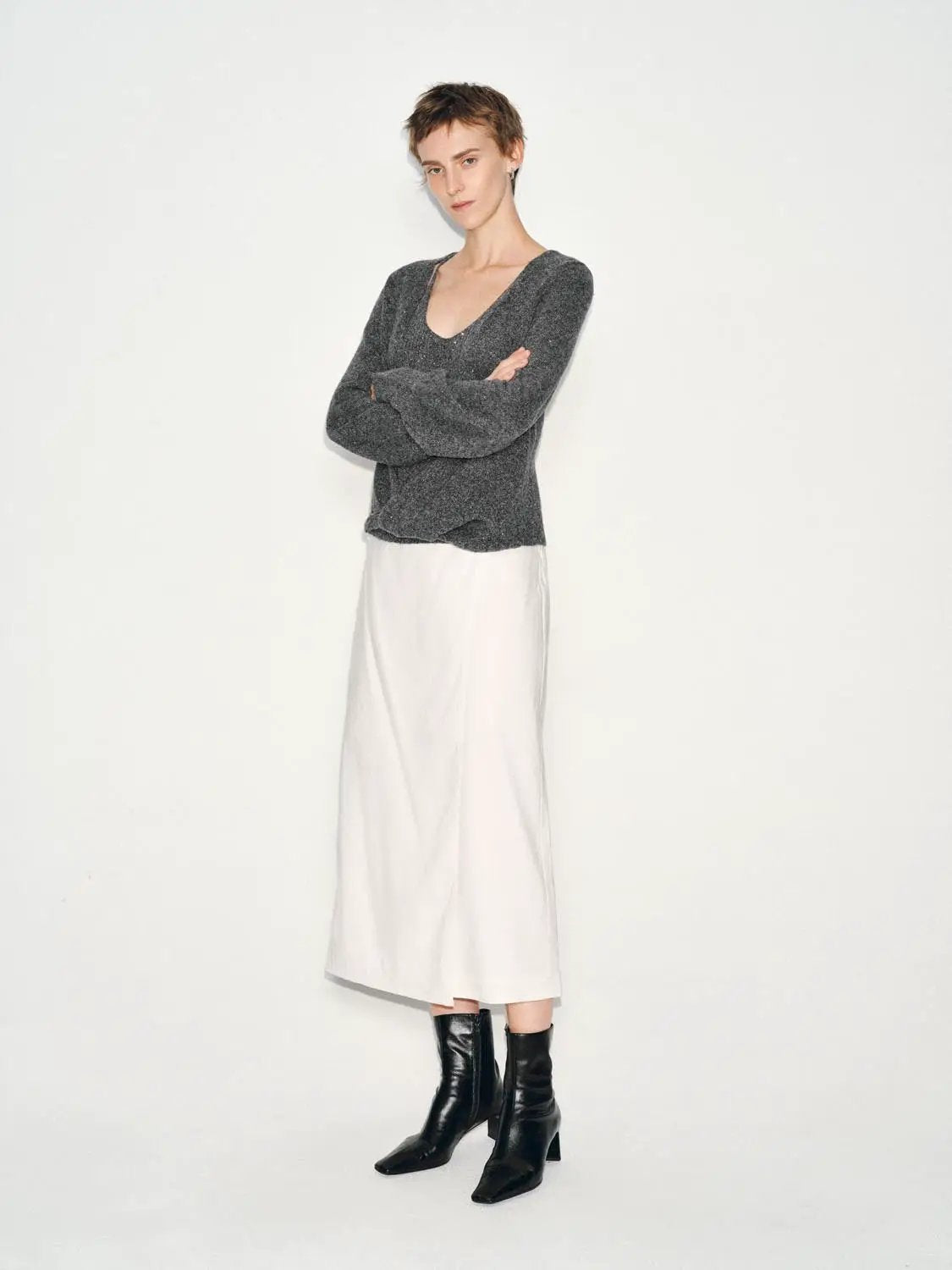 Metallic Twisted Front Long Sleeve Knit T-Shirt