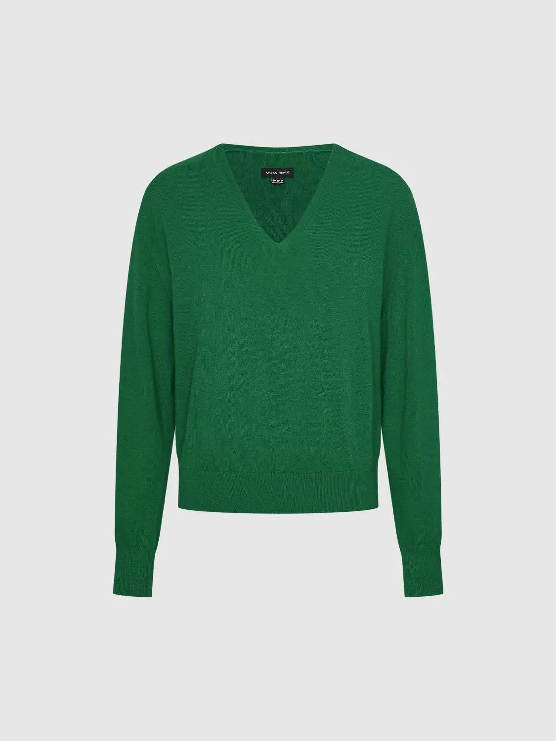 Solid Ribbed Knit V-neck Long Sleeve Pullover