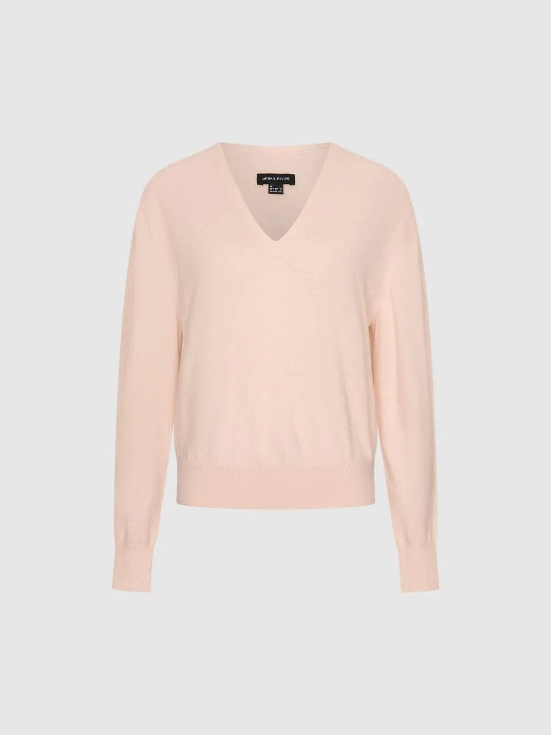 Solid Ribbed Knit V-neck Long Sleeve Pullover
