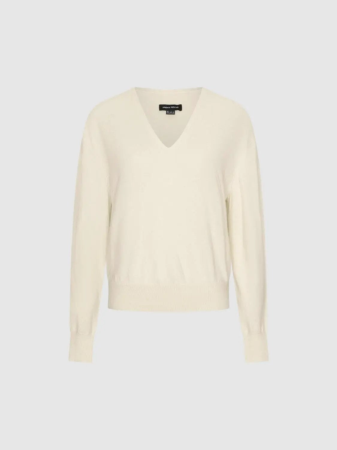Solid Ribbed Knit V-neck Long Sleeve Pullover