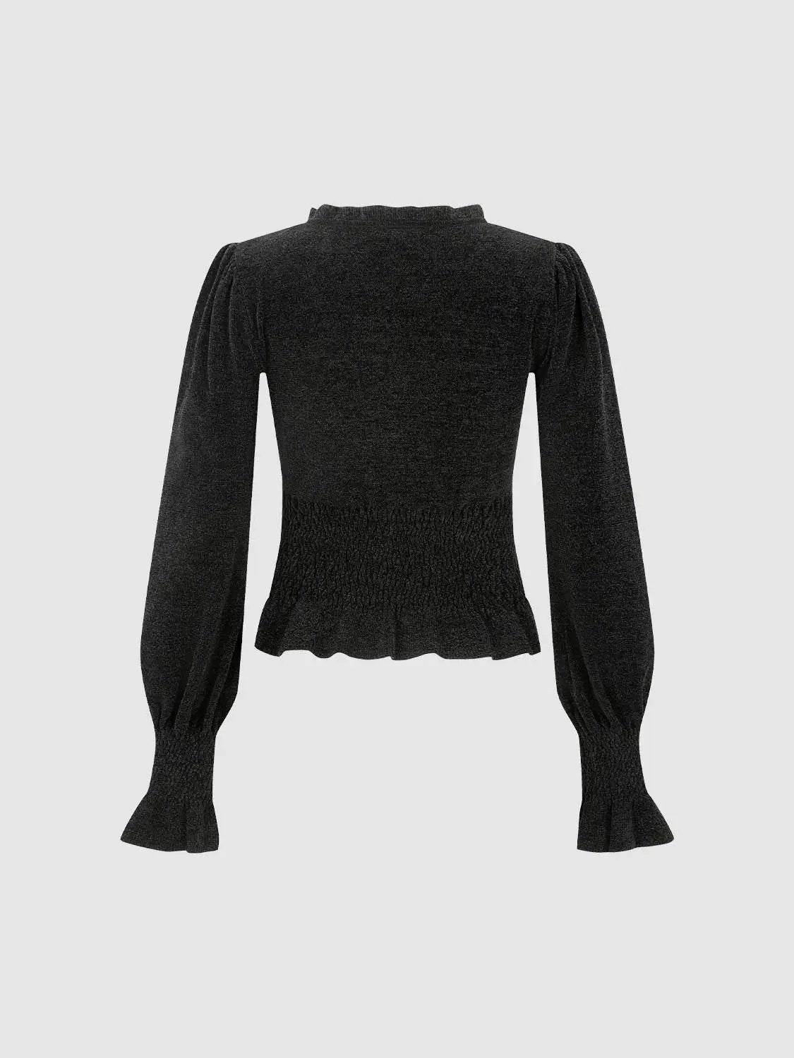 Textured Button Front Ruffle Hem Tie Neck Long Sleeve Ruched Knit Top