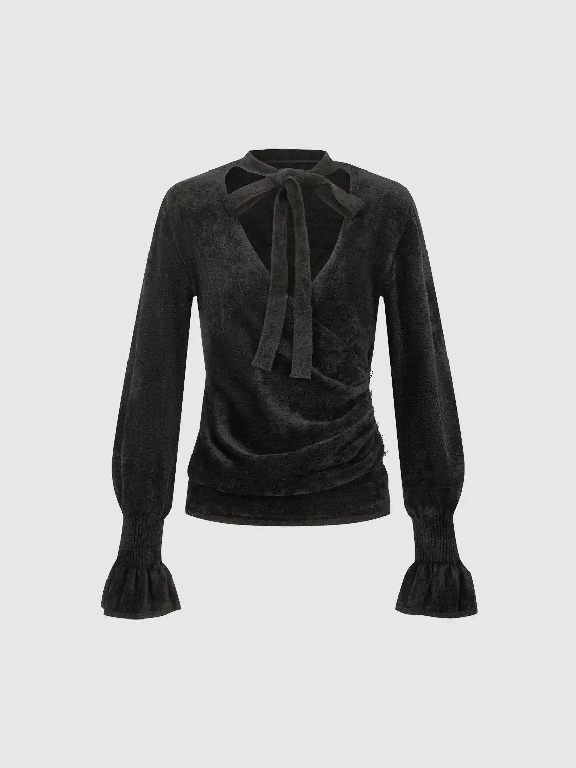 Fitted Textured Ruched Wrap Tie Neck Long Sleeve Top