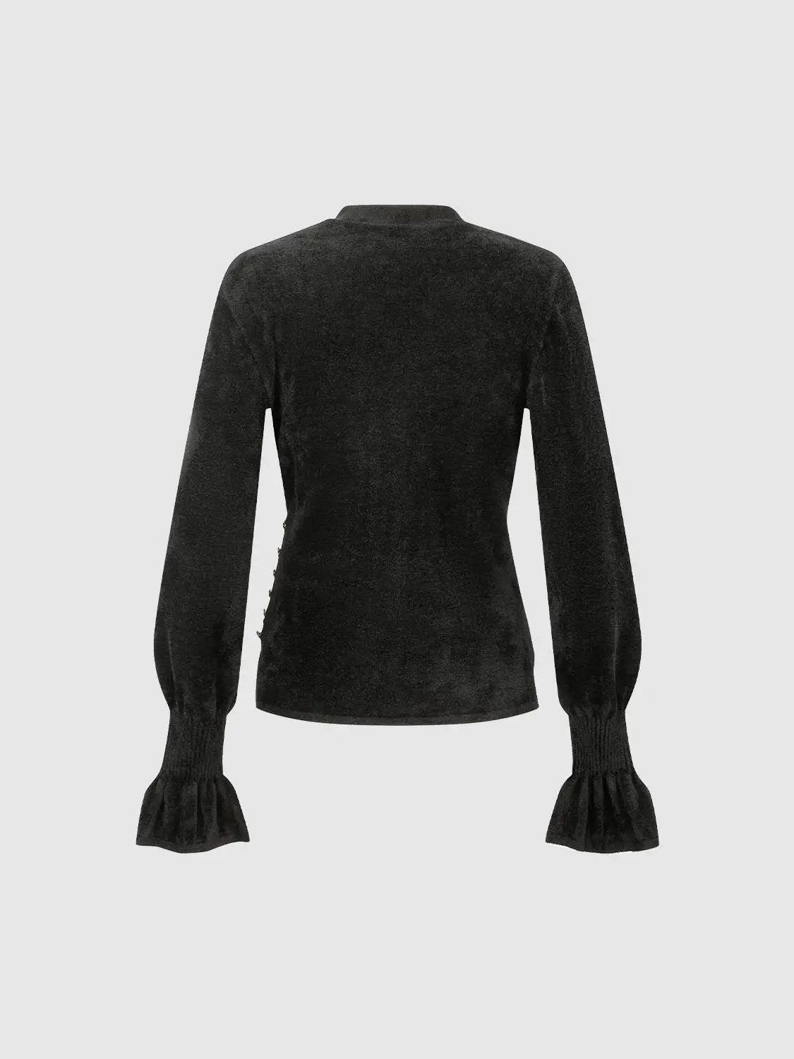 Fitted Textured Ruched Wrap Tie Neck Long Sleeve Top